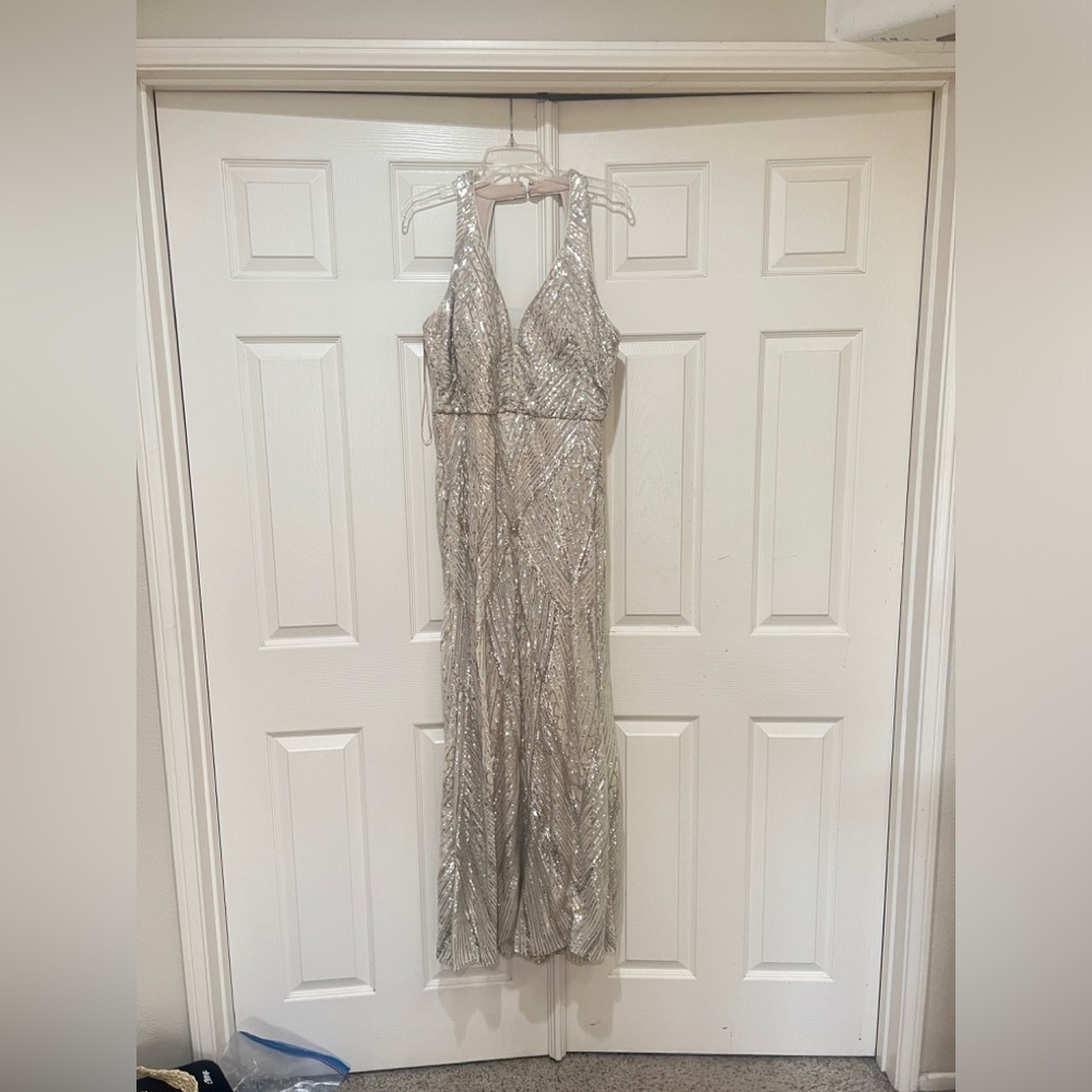 R & M Richards Silver Sequin Maxi Dress